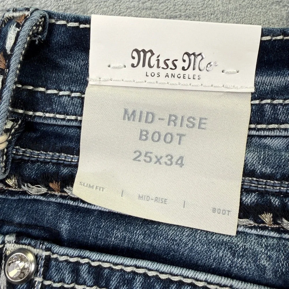 Miss Me Mid Rise Bootcut Jeans Dark Wash Embroidered Sequin Size 25x34 NEW